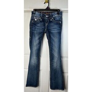 Rock Revival Jeans Wm's Sz 25/33 Low-Rise Jen Boot-Cut Medium Wash Whiskered
